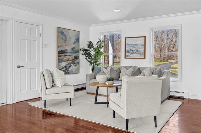 living room with crown molding, dark hardwood / wood-style floors, and a baseboard radiator