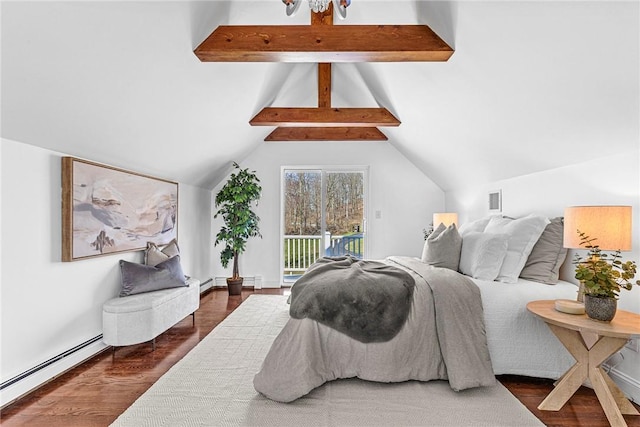 bedroom featuring dark hardwood / wood-style flooring, vaulted ceiling with beams, access to outside, and baseboard heating