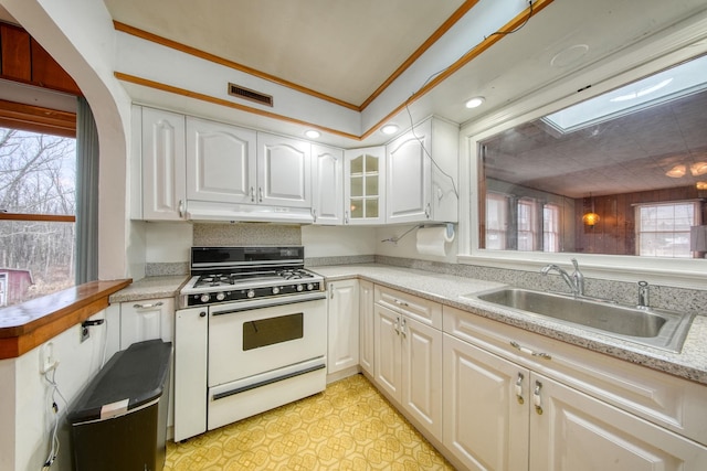 kitchen featuring crown molding, white cabinetry, sink, gas range gas stove, and plenty of natural light