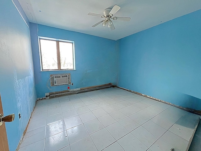 empty room featuring ceiling fan, a baseboard heating unit, and a wall mounted AC