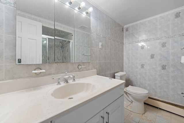 bathroom featuring a baseboard radiator, an enclosed shower, tile patterned floors, vanity, and tile walls