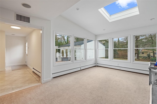 unfurnished sunroom featuring vaulted ceiling with skylight