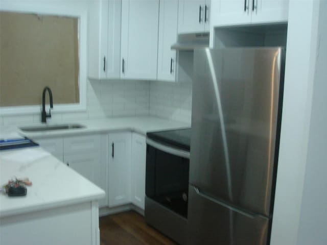 kitchen with white cabinetry, stainless steel appliances, tasteful backsplash, dark wood-type flooring, and sink