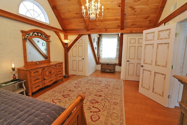 bedroom featuring wood ceiling, a notable chandelier, light wood-type flooring, and vaulted ceiling with beams