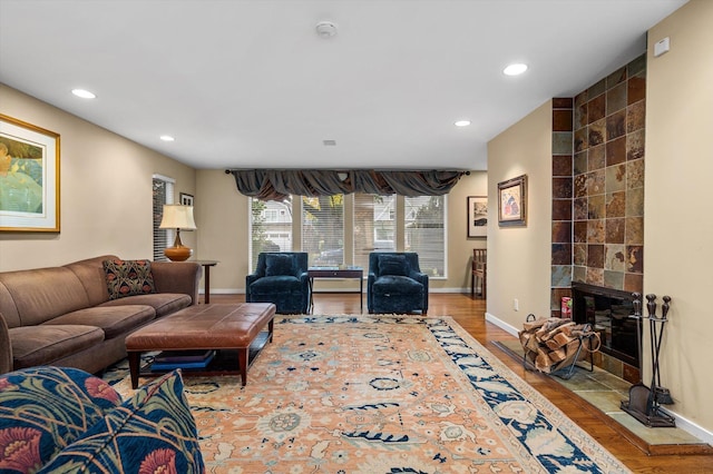 living room featuring a fireplace and light hardwood / wood-style flooring