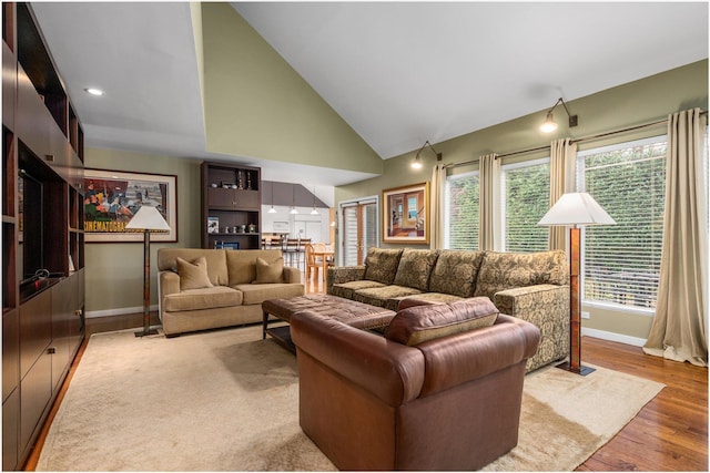 living room with high vaulted ceiling and light hardwood / wood-style flooring