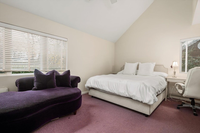 carpeted bedroom featuring high vaulted ceiling