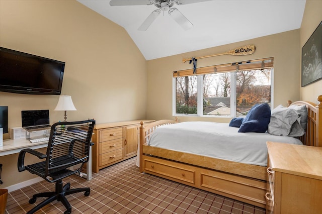 bedroom featuring ceiling fan and lofted ceiling