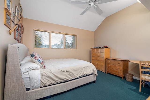 carpeted bedroom with ceiling fan and lofted ceiling