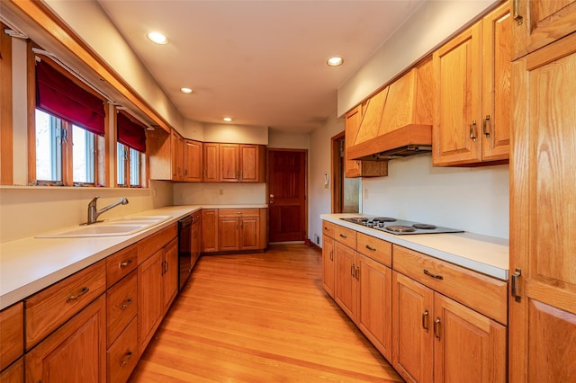 kitchen featuring sink, light wood-type flooring, custom range hood, and black appliances