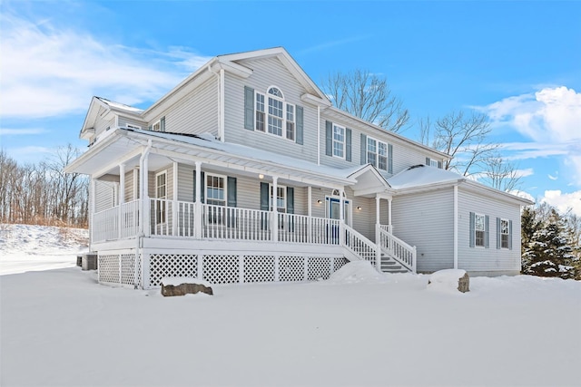 view of front of property featuring covered porch and central air condition unit