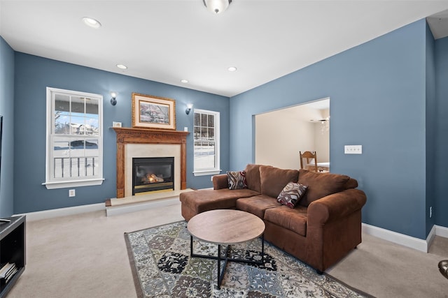 living room featuring light colored carpet