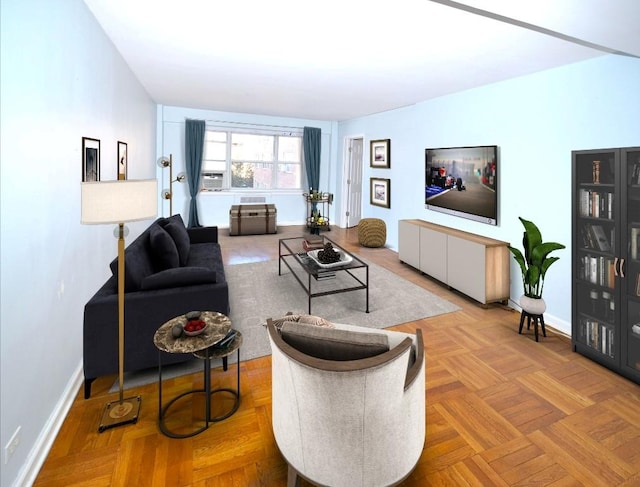 living room featuring parquet floors