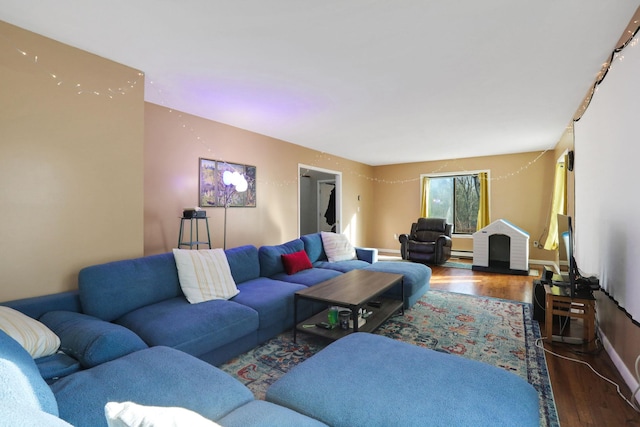 living room with hardwood / wood-style floors and a baseboard radiator