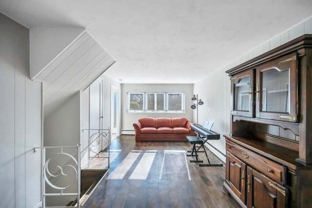 interior space with a baseboard radiator and dark hardwood / wood-style floors