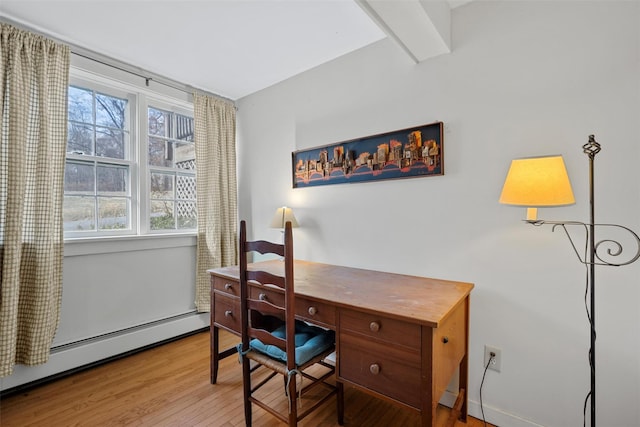 office area with light hardwood / wood-style floors, baseboard heating, and beamed ceiling