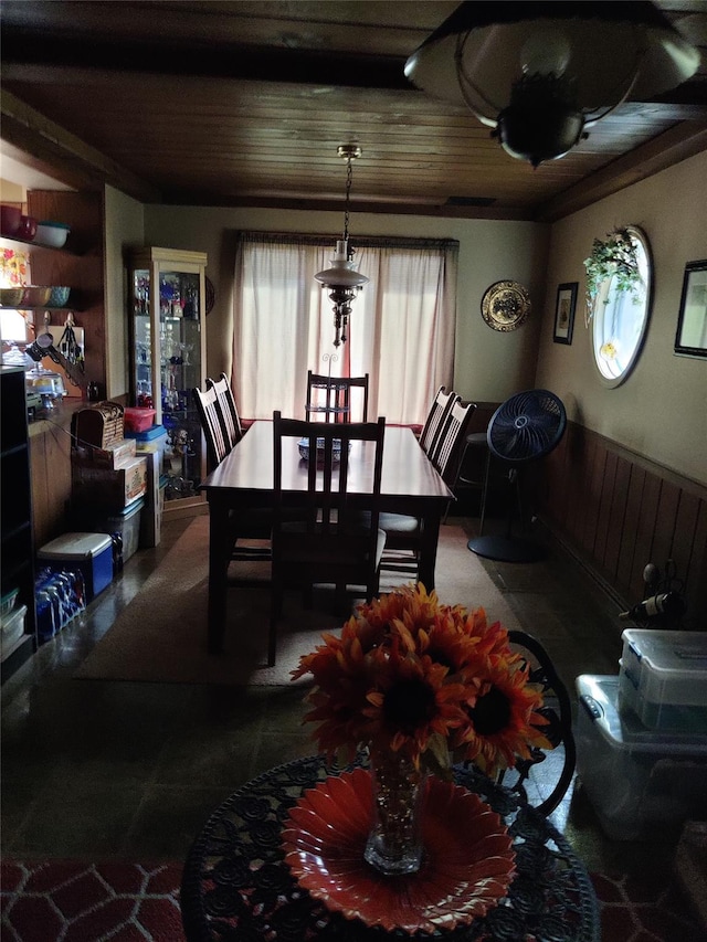 dining space with wood ceiling