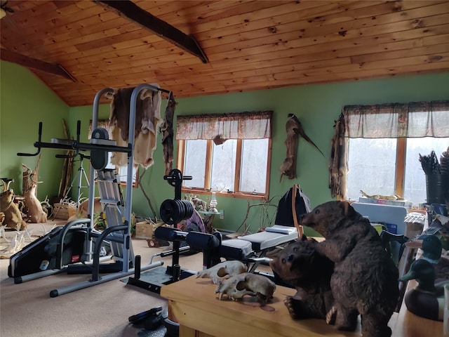 exercise room featuring carpet flooring, vaulted ceiling, and wooden ceiling