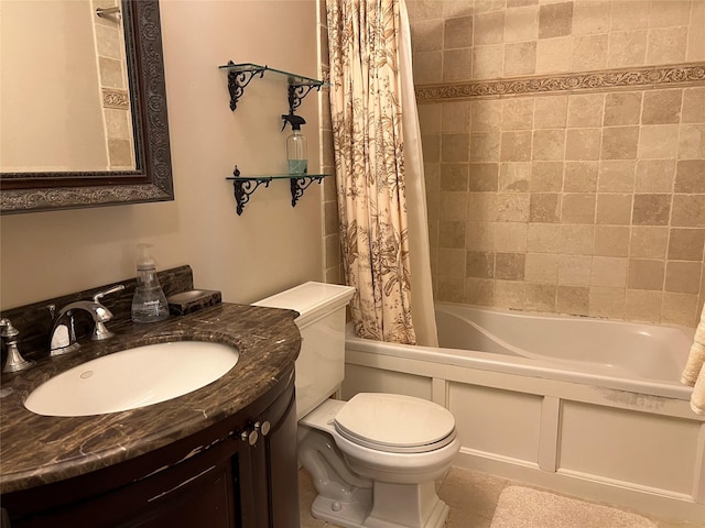 full bathroom featuring toilet, shower / bath combination with curtain, tile patterned flooring, and vanity