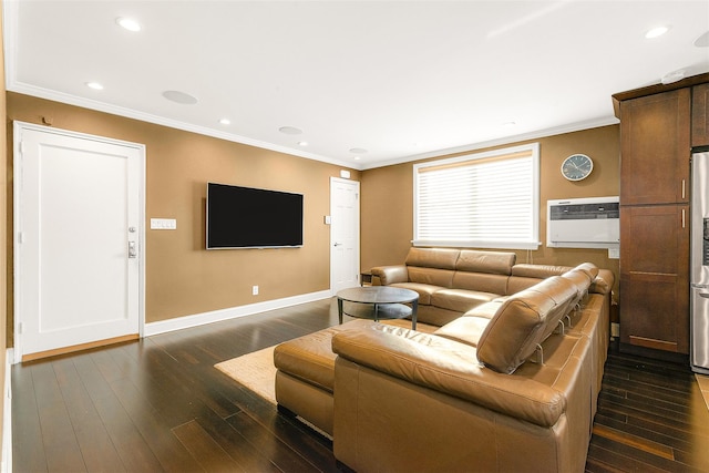 living room featuring dark hardwood / wood-style flooring, heating unit, and ornamental molding