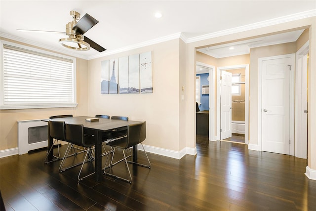 dining area featuring ceiling fan, ornamental molding, and dark hardwood / wood-style flooring