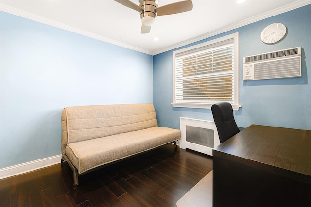 home office with hardwood / wood-style floors, ornamental molding, a wall mounted AC, and ceiling fan