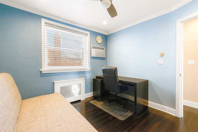 home office featuring ceiling fan, crown molding, dark wood-type flooring, and a wall mounted AC