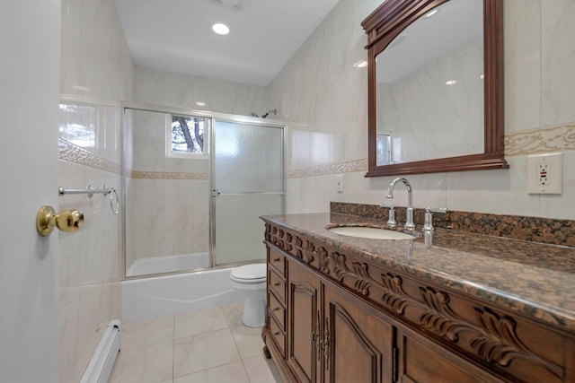 bathroom with tile patterned flooring, toilet, recessed lighting, bath / shower combo with glass door, and vanity