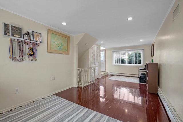 living area featuring baseboard heating, dark wood finished floors, visible vents, and recessed lighting