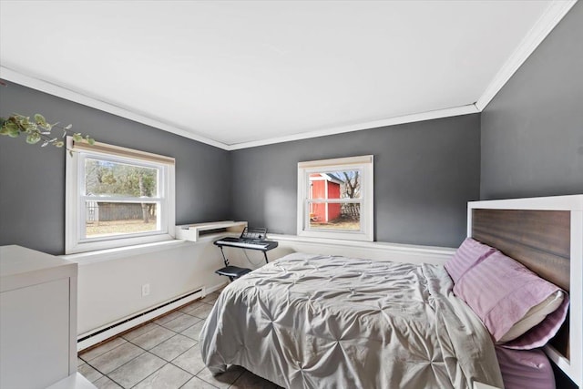 tiled bedroom with a baseboard heating unit and crown molding