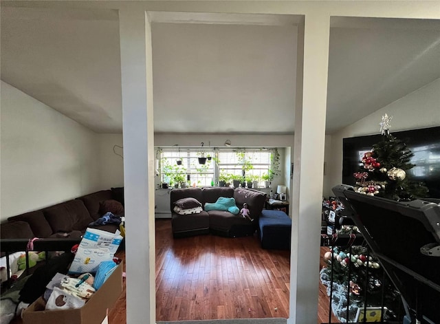 living room with hardwood / wood-style floors and lofted ceiling