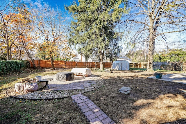 view of yard featuring a shed and a patio