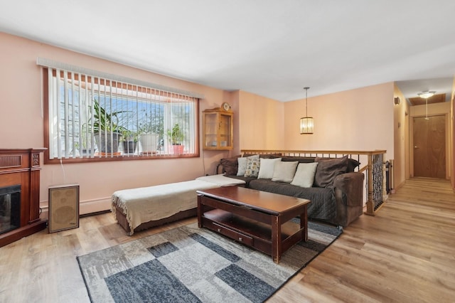 living room featuring light wood-type flooring and a baseboard heating unit