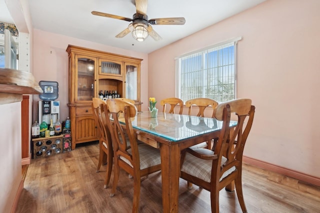 dining room with ceiling fan and wood-type flooring