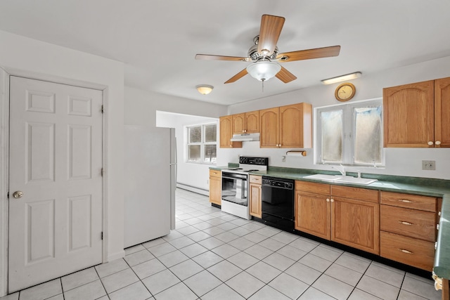 kitchen with light tile patterned flooring, sink, ceiling fan, baseboard heating, and white appliances