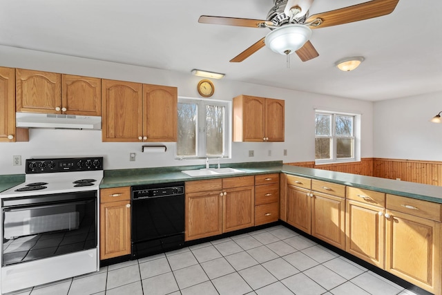 kitchen with range with electric stovetop, dishwasher, sink, light tile patterned floors, and ceiling fan