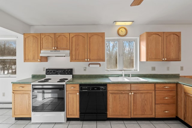 kitchen with sink, black dishwasher, electric stove, ceiling fan, and a baseboard heating unit