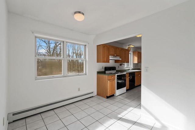 kitchen featuring white range with electric stovetop, sink, black dishwasher, light tile patterned floors, and baseboard heating