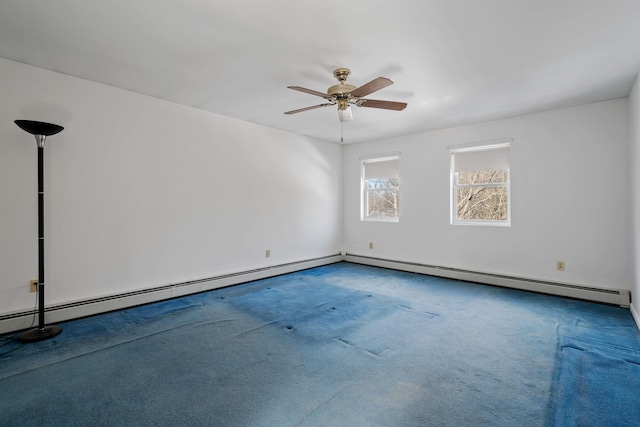 carpeted empty room with a baseboard heating unit and ceiling fan