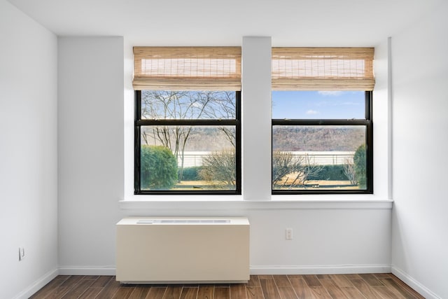 empty room featuring radiator, baseboards, and wood finished floors