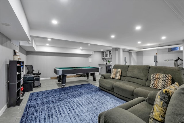 rec room with light tile patterned floors, wine cooler, pool table, and bar area