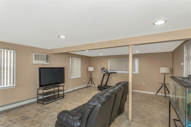 living room featuring light carpet and a wall unit AC