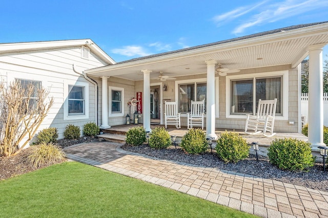 view of exterior entry featuring covered porch and ceiling fan