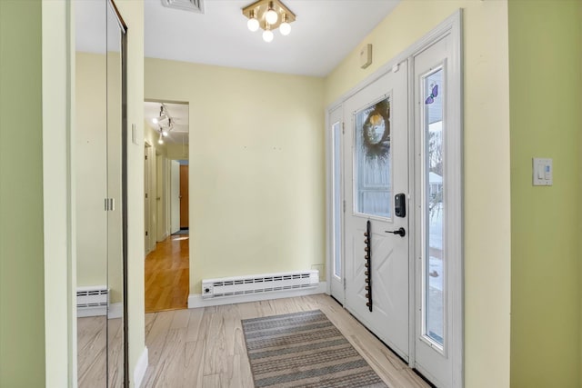 entrance foyer featuring light wood-type flooring and baseboard heating