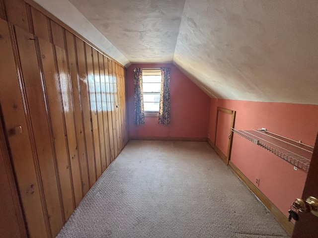 additional living space with lofted ceiling, light carpet, and a textured ceiling