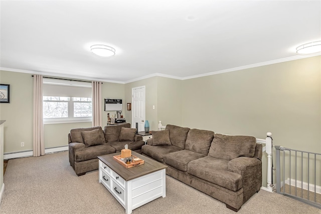 carpeted living room featuring a wall mounted AC, a baseboard heating unit, and ornamental molding