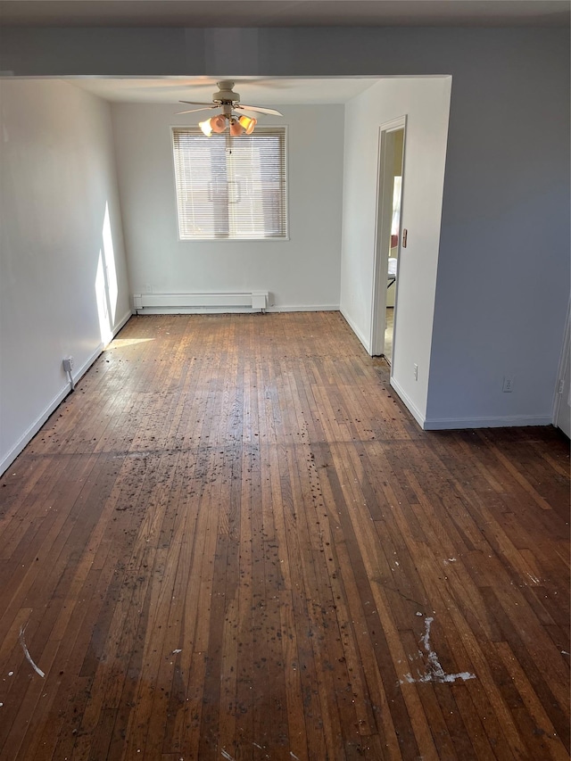 empty room featuring ceiling fan, a baseboard radiator, and dark hardwood / wood-style flooring