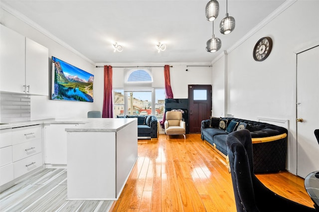 living room with crown molding and light hardwood / wood-style flooring