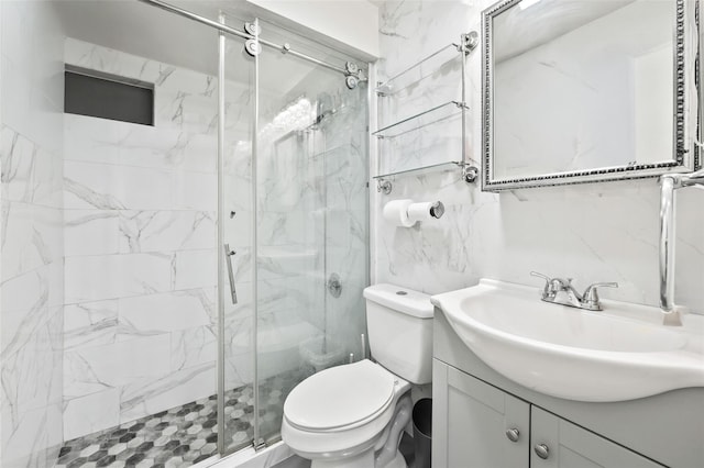 bathroom featuring toilet, an enclosed shower, tile walls, vanity, and backsplash