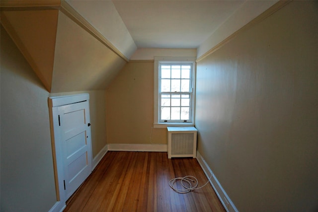 bonus room with wood-type flooring, radiator heating unit, and vaulted ceiling